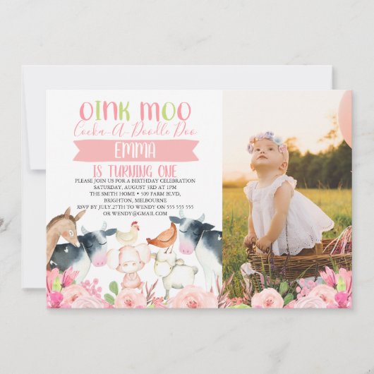 Roze bloem boerderij foto verjaardagsuitnodiging kaart (Voorkant)