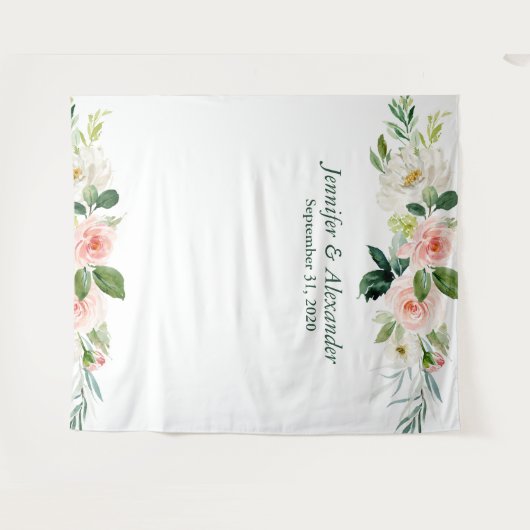 Roze Bloem Boho Bruiloft Foto Booth Achtergrond Wandkleed (Voorkant (horizontaal))