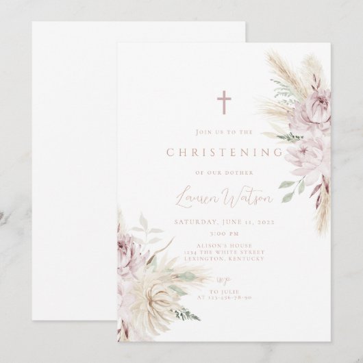 Roze bloem boho doop kaart (Voorkant / Achterkant)