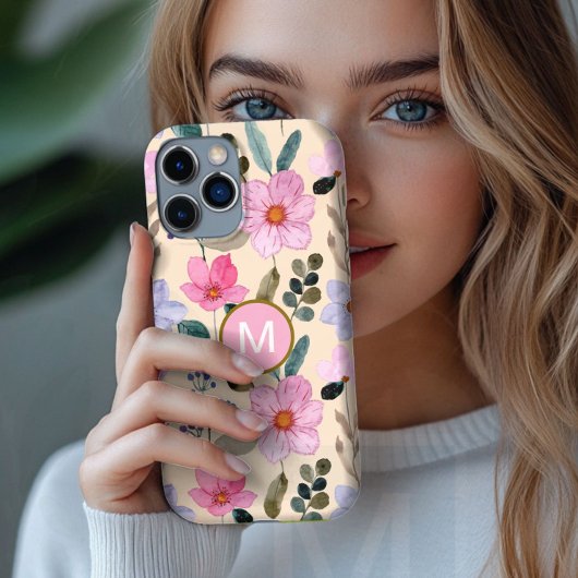 Roze bloem boho monogram iPhone case
