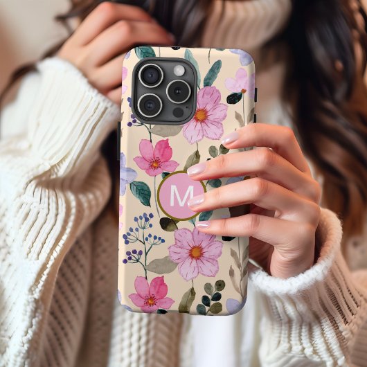Roze bloem boho monogram iPhone case