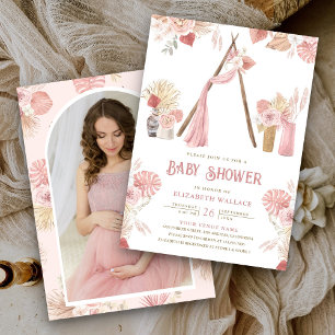 Roze Bloem Boho Strandprieel Foto Baby Shower Kaart