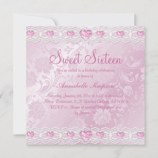 Roze Bloem & Boog Sweet 16 Uitnodigen Kaart (Achterkant)