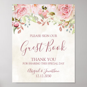 Roze bloem bruiloft gast boek bord vintage poster