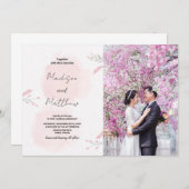 Roze Bloem Bruiloft Uitnodigingen met foto (Voorkant / Achterkant)