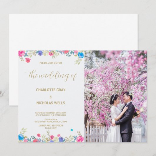 Roze Bloem Bruiloft Uitnodigingen met foto (Voorkant / Achterkant)