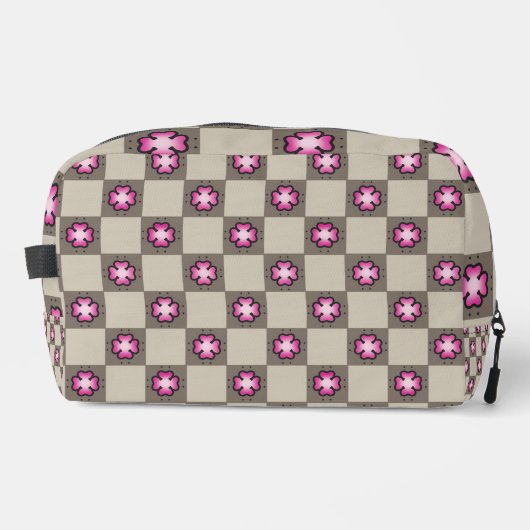 Roze Bloem Checkerboard Patroon Toilettasje (Voorkant)