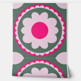 Roze Bloem Cirkel Groen Behang
