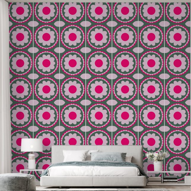 Roze Bloem Cirkel Groen Behang (Slaapkamer)