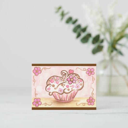 Roze Bloem Cupcake Bakkerij Visitekaartjes (Staand voorkant)