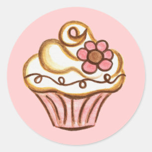 Roze Bloem Cupcake Sticker