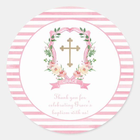 Roze Bloem Doop Dank Je Ronde Sticker (Voorkant)