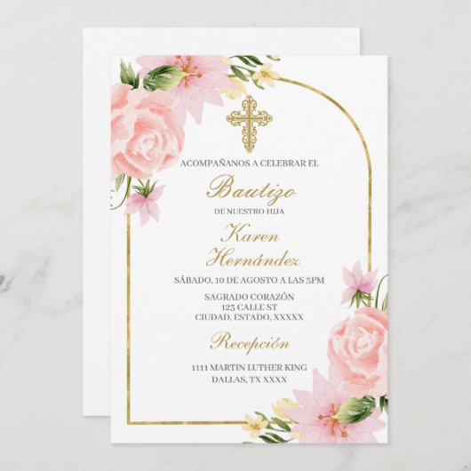 Roze Bloem Doop Spaans Kaart (Voorkant / Achterkant)