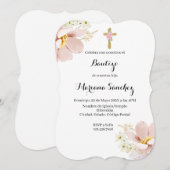 Roze bloem doop uitnodiging voor meisje (Voorkant / Achterkant)