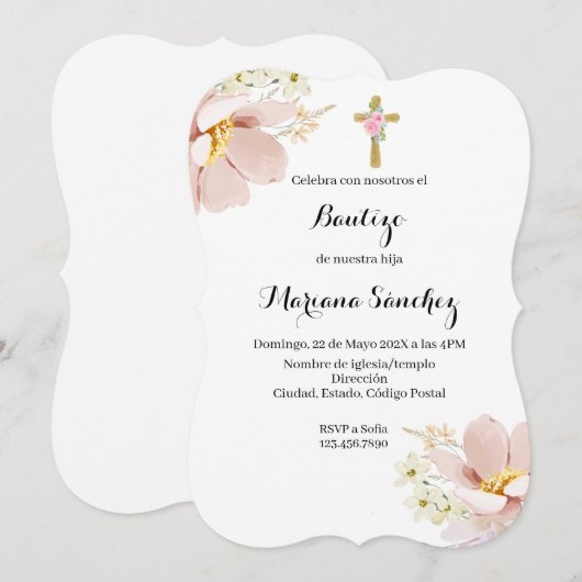 Roze bloem doop uitnodiging voor meisje (Voorkant / Achterkant)