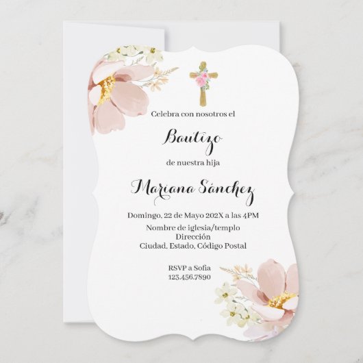 Roze bloem doop uitnodiging voor meisje (Voorkant)