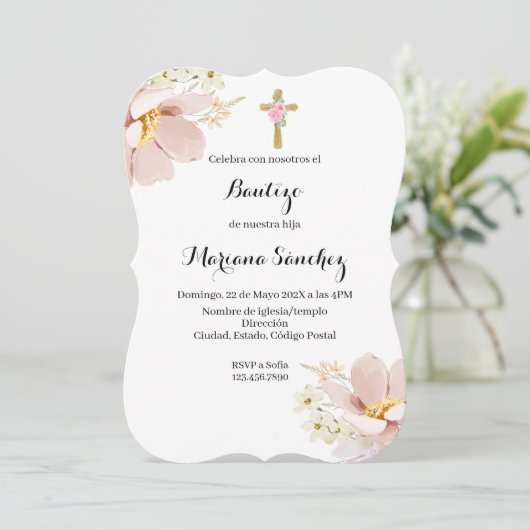 Roze bloem doop uitnodiging voor meisje (Staand voorkant)