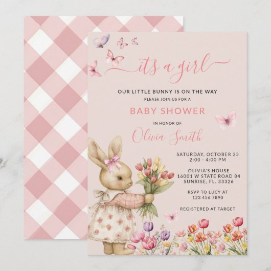 Roze Bloem Een konijn is onderweg naar het Baby sh Kaart (Voorkant / Achterkant)