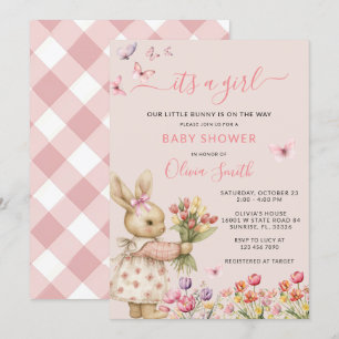 Roze Bloem Een konijn is onderweg naar het Baby sh Kaart