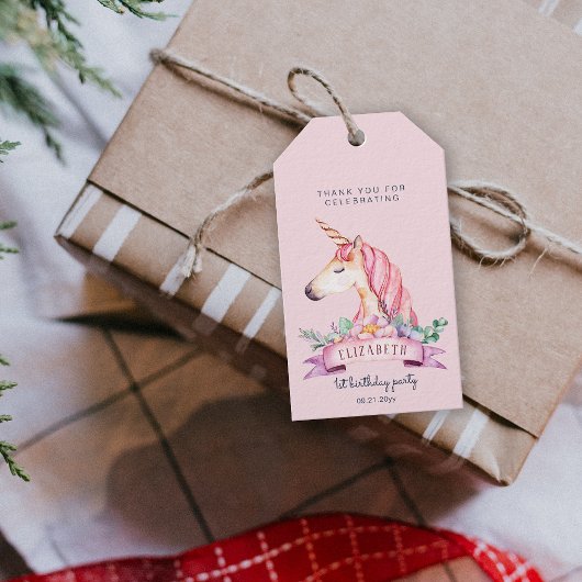 Roze Bloem Eenhoorn Meisje Verjaardag Gift Cadeaulabel