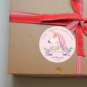 Roze Bloem Eenhoorn Meisje Verjaardag Gift Ronde Sticker