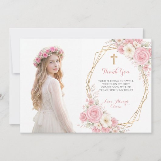 Roze bloem eerste communie dankkaart kaart (Voorkant)