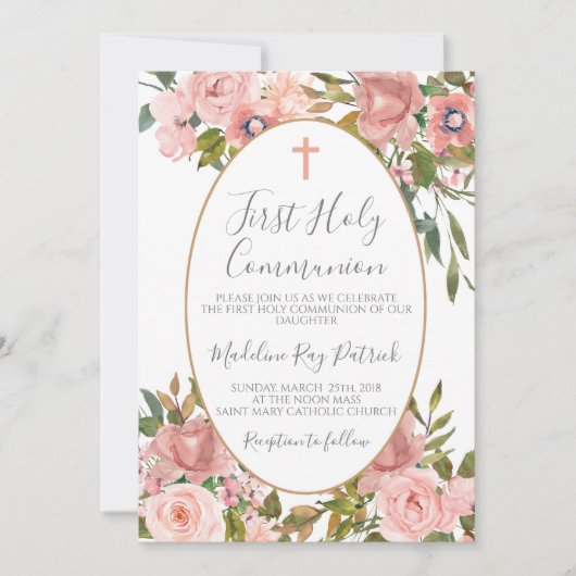 Roze Bloem Eerste Communie Kaart (Voorkant)