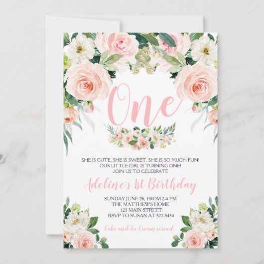 Roze bloem eerste verjaardagsuitnodiging kaart (Voorkant)