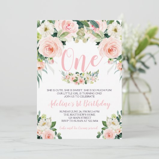 Roze bloem eerste verjaardagsuitnodiging kaart (Staand voorkant)