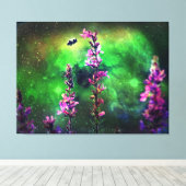 Roze bloem en bijen tegen de wereld canvas afdruk (Insitu (Houten vloer))