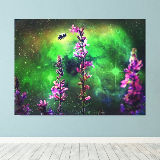 Roze bloem en bijen tegen de wereld canvas afdruk (Insitu (Houten vloer))