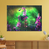 Roze bloem en bijen tegen de wereld canvas afdruk (Insitu (Woonkamer))