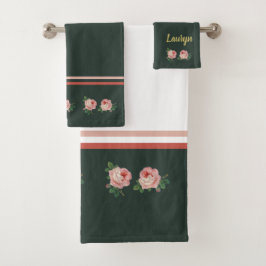 Roze bloem en bladeren op donkergroen bad handdoek