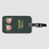 Roze bloem en bladeren op donkergroen bagagelabel (Voorkant (horizontaal))