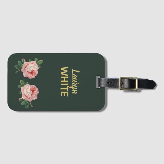 Roze bloem en bladeren op donkergroen bagagelabel (Voorkant (horizontaal))