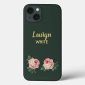 Roze bloem en bladeren op donkergroen Case-Mate iPhone case (Achterkant)