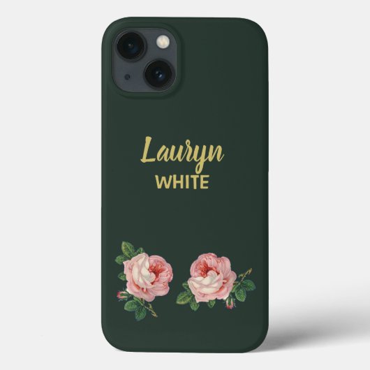 Roze bloem en bladeren op donkergroen Case-Mate iPhone case (Achterkant)