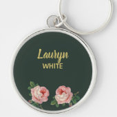 Roze bloem en bladeren op donkergroen sleutelhanger (Voorkant)