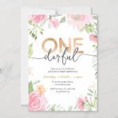 Roze bloem en goud ONEderful verjaardag Uitnodigin Magnetische Uitnodiging (Voorkant)