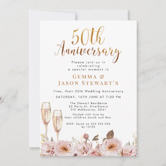 Roze bloem en gouden 50ste verjaardag uitnodiging (Voorkant)