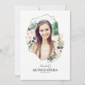 Roze Bloem en Gouden Confetti Quinceanera Foto Kaart (Voorkant)