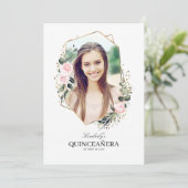 Roze Bloem en Gouden Confetti Quinceanera Foto Kaart (Staand voorkant)