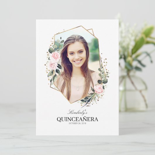 Roze Bloem en Gouden Confetti Quinceanera Foto Kaart (Staand voorkant)