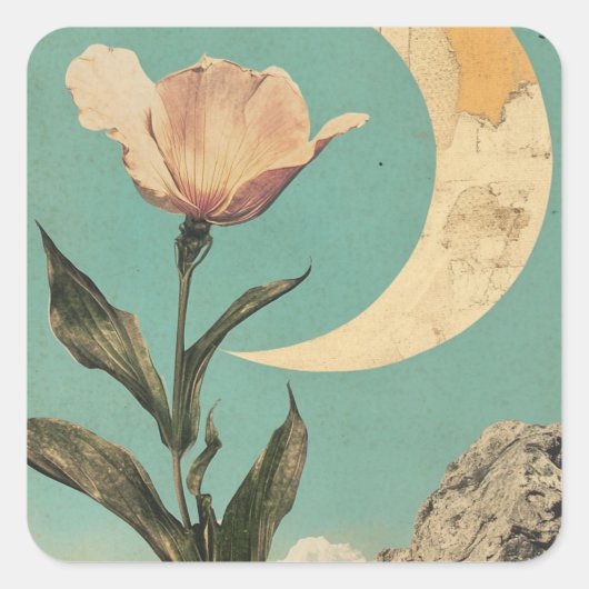 Roze bloem en halve maan vierkante sticker (Voorkant)