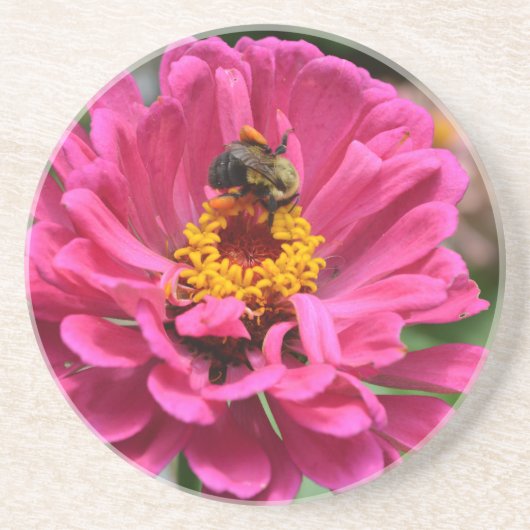 Roze bloem en hommel zandsteen onderzetter (Voorkant)