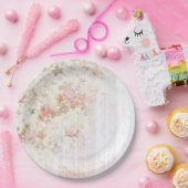 Roze bloem- en houten shabby chic papieren bord (Feest)