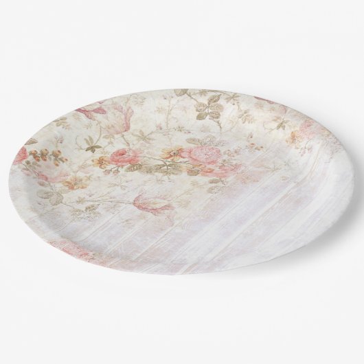 Roze bloem- en houten shabby chic papieren bord (Gekanteld)