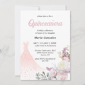  Roze bloem en jurk Quinceañera uitnodiging (Voorkant)