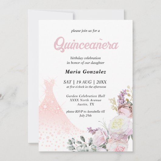  Roze bloem en jurk Quinceañera uitnodiging (Voorkant)