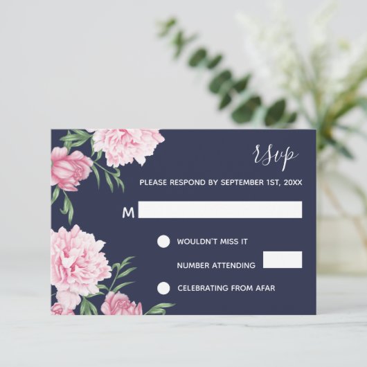 Roze bloem en marineblauwe achtergrond | RSVP Kaart (Staand voorkant)